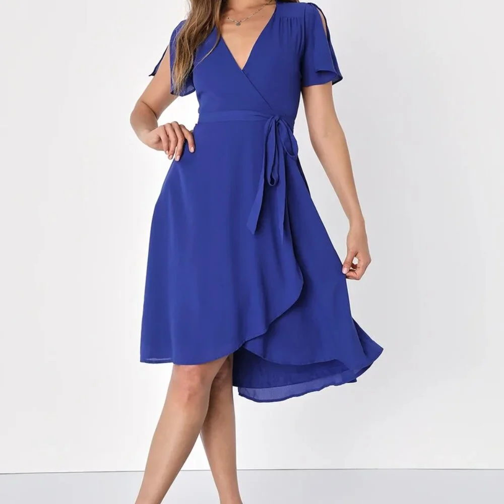 New Royal Blue Wrap Dress V-neck split sleeve flowy chiffon XS Lulus - Picture 2 of 9